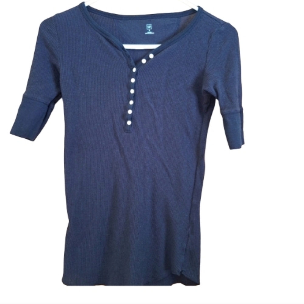 Gap Black Ribbed Henley Top with Button Detail